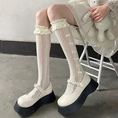 Stocaí Bean Samhraidh Tanaí Dath Soladach Lása Bowknot Lása Meánfheadán JK Lolita Stocaí gleoite Black White Fishnet Stocaí do Mhná