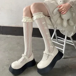 Mga Medyas na Babae Tag-init Manipis Solid na Kulay Bowknot Lace Gitnang Tube JK Lolita Cute Medyas Itim Puting Fishnet Stockings para sa Babae