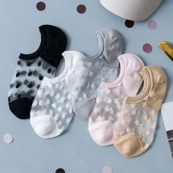 Weiche Bootssocken aus Spitze für Damen, unsichtbare Socken, 5 Paar dünne, unsichtbare Socken aus Kristallglasseide, Strick, niedrig, transparent, kurze Sommersocken