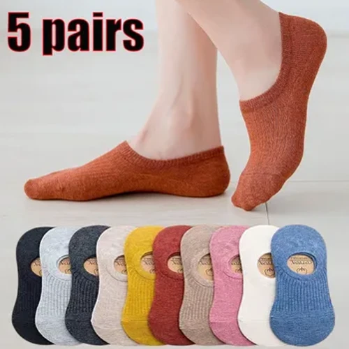 5 pares de Calcetines invisibles de barco para mujer, calcetín de algodón ultrafino de verano, Calcetines tobilleros antideslizantes de silicona transpirables, Calcetines bajos para niñas