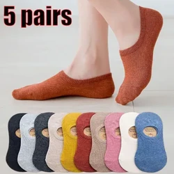 5pairs Sanau Cychod Anweledig Merched Haf Hosan Gotwm Ultra-denau Anadladwy Silicôn gwrthlithro Ffêr Isel Merched Sox Calcetinau