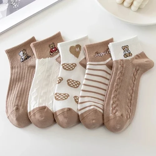 5 par/lote calcetines de mujer tobillo corto corte bajo No-Show pie lindo oso corazones estampado escuela algodón transpirable conjunto Casual Retro