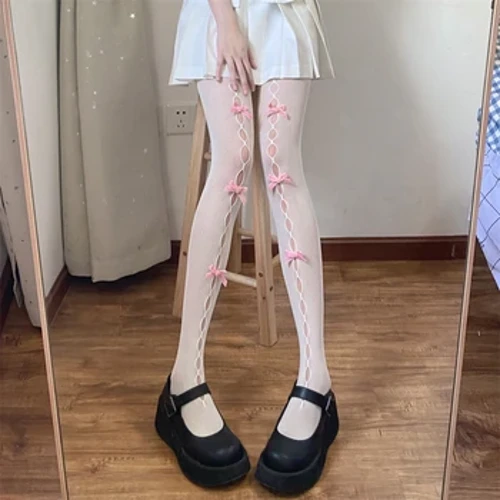 Sexy Spitzen-Damen-Strumpfhose Handgefertigte Schleife Hohlsaum Netz-Netzstrümpfe Oberschenkelhohe Strümpfe Damen JK Süße enge Lolita-Strumpfhose für Mädchen