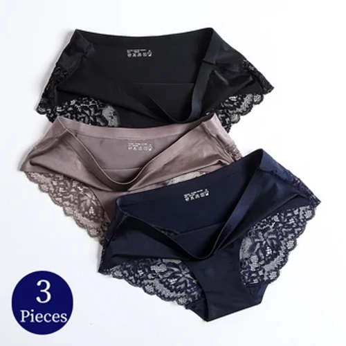 WHPC 3PCS/Set Lace Wahine Panties Nui Nui 4XL ʻoluʻolu ʻoluʻolu ʻoluʻolu i loko o ka wahine Silk Satin Briefs Breathable Underpants Sexy Lingerie