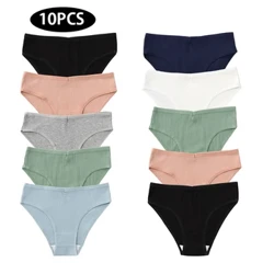 10Pcs/Pecyn 100% Cotwm Panties Merched Cyfforddus Sexy Dillad Isaf Lliw Solet Stripe Briffiau Chwaraeon Syml Underpants Cyfanwerthu