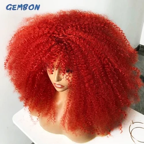Kurzes Haar Afro Kinky Curly Perücke mit Pony Lockere synthetische Cosplay Flauschige natürliche Perücken für schwarze Frauen Dunkelbraun 18"GEMBON