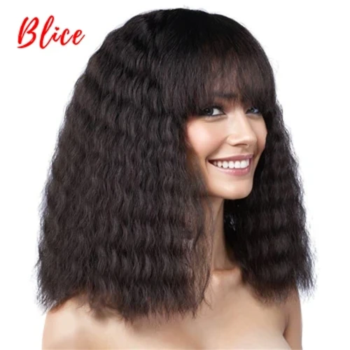Blice 16 tuuman keskimmäiset synteettiset peruukit Kinky Curly Siisti Bang Lämmönkestävä Veden Aaltoileva Afroamerikkalainen Skin Peite