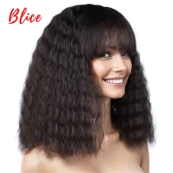 Blice Uigí Sintéiseacha Meánacha 16Inch Kinky Curly Neat Bang Bang atá Frithsheasmhach in Uisce Tonnchánach Tonnach Craiceann Meiriceánach Afracach