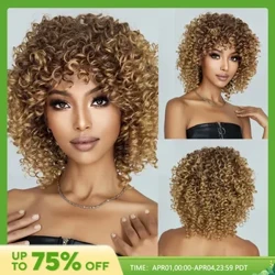 Jigarrang sariq jingalak sochli sintetik pariklar Ayollar uchun kalta kalta jingalak jingalak sochli Afro pariklar Yelimsiz Cosplay sochlari