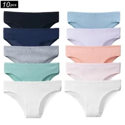 Toptan 10 Adet/takım Nervürlü Pamuk Külot Kadın Külot Iç Çamaşırı Kadın Seksi Bayan Bikini Pantys Düz Renk Samimi Artı Boyutu