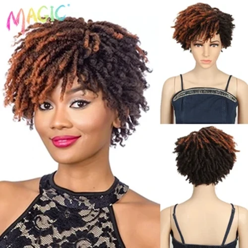Magic 10 tommer syntetisk afro kinky krøllet paryk Kort dreadlock paryk med pandehår Ombre sort blond hæklet paryk til sorte kvinder