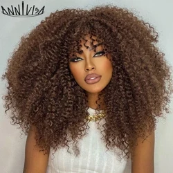 Wigiau Affro Cyrliog Ar gyfer Menywod Du Wigiau Cyrliog Kinky Byr Gyda Bangs 16 modfedd Gwallt Brown Afro Gwallt Synthetig Ffibr Synthetig Gwallt Cosplay Heb Gludiog