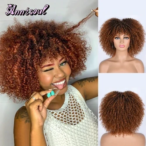 Qisqa sochli Afro jingalak jingalak parik qora ayollar uchun Cosplay sarg'ish sintetik tabiiy Ombre jingalak peruklar Afrika elimsiz issiqlikka chidamli
