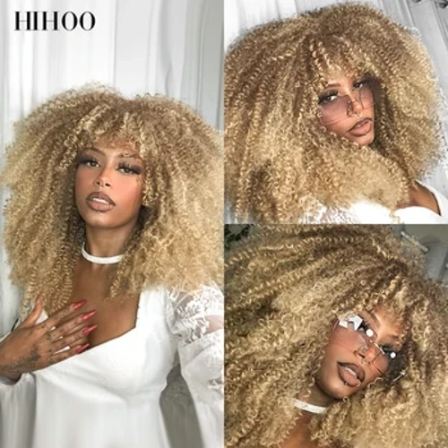 ʻO ka lauoho pōkole ʻo Blonde Wig Afro Kinky Curly Wig me nā ʻāpana no nā wahine ʻeleʻele ʻo Cosplay Lolita Synthetic Natural Glueless Brown Mixed