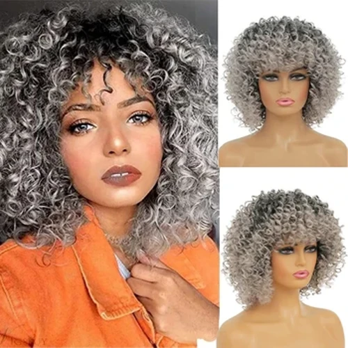 16 Inisi Fa'aafi Fa'aafi Fa'aafi mo Fa'afafine Pa'epa'e - Kinky Curly Afro Wig fa'atasi ma Pa'u Ombre Grey Lanu Fa'afefiloi Fa'afefiloi mo Fa'afafine.