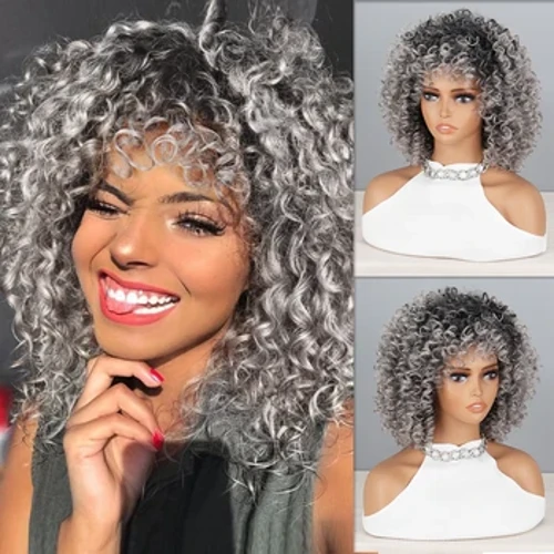 Parrucche ricci afro crespi con frangia per parrucche sintetiche capelli naturali parrucca grigio argento cosplay fibra resistente al calore