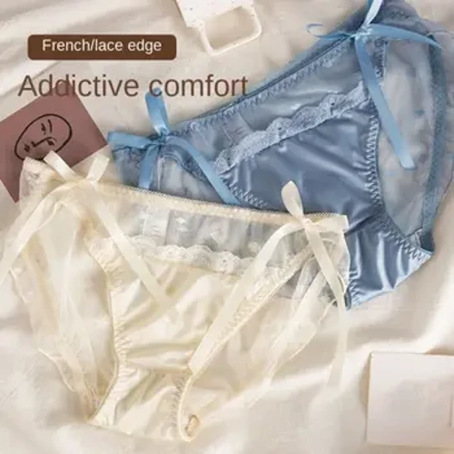 Ladies Ice Silk Lace Edge Mesh Imperial Style Isifiso Esihlanzekile Cute Sexy Low Waist Female Satin Bow Panty