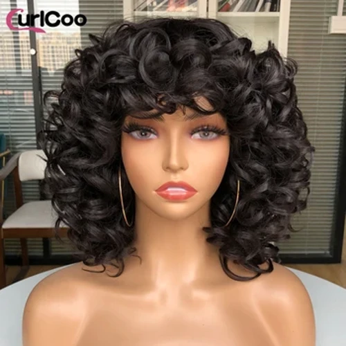 Parrucche ricci afro crespi per capelli corti con frangia per donne nere Soffici capelli sintetici africani Ombre marroni biondi in fibra naturale