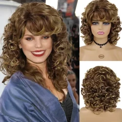 GNIMEGIL Synthetesch Hoer Mix Braun Kuerz Curly Perücke fir Fraen Afro-Curl Natural Perücke mat Bangs Kann Permed ginn