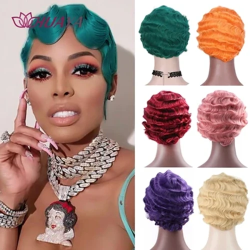 HUAYA Pōkole Kinky Curly Synthetic Wig No nā Wahine ʻEleʻele ʻApelika ʻAmelika Hui Pū ʻIa i kēlā me kēia lā ʻO ka lauoho hoʻopunipuni ʻōmaʻomaʻo ʻulaʻula gula.