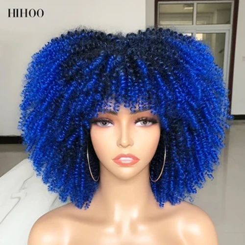 Perruque Afro courte bouclée crépue avec frange pour femmes noires, perruques africaines synthétiques Cosplay Lolita naturelles ombrées brunes mélangées