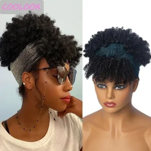 Pendek Keriting Keriting Headband Wig untuk Wanita Hitam Afro Ikal Pirang Wig dengan Syal Alami Curly Cosplay Wig Rambut Palsu Sintetis