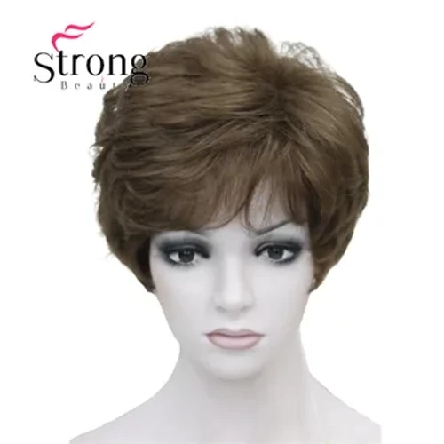StrongBeauty Shag Style Synthetische Perücken, kurz, gewellt, geschichtet, dunkelrotbraun, individuelle Perücke für Afroamerikanerinnen