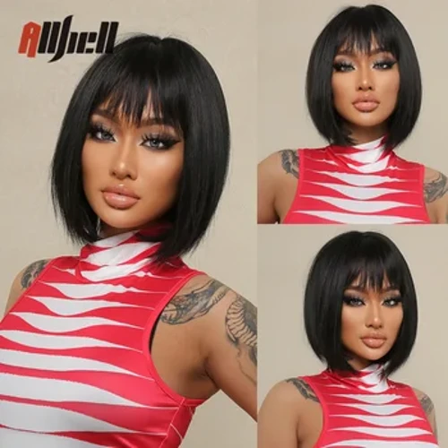 Kısa Siyah Bob Peruk Patlama Ile Doğal Sentetik Saç Peruk Kadınlar için Afro Cosplay Günlük Kullanım Isıya Dayanıklı Fiber Kadın Saç