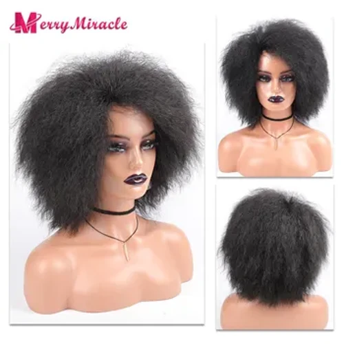 Kort fluffy lige syntetisk paryk til sorte kvinder Kinky lige hår Naturlig farve afro paryk til kvinder