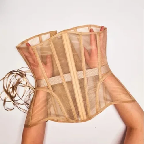 ʻO nā wahine korset paʻa i ka ʻōpū ma lalo o ka Bust Bustiers Breathable Mesh Waist Girdle Me nā Iwi Hoʻemi Lace Up Bodices