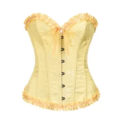 Sárga jacquard fodros szegélyű csontos szexi mellbőséges Push Up Bustier felső fűző Mujer karcsúsító fűző nőknek Szexi gótikus ruhák