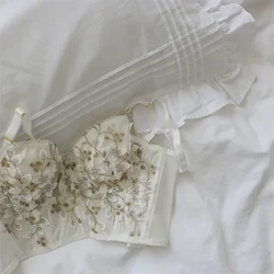 Bra tríthoiseach bróidnithe cóirséad cnámh éisc lása sexy leathnaithe breasted le fáinne cruach 2/1 leath éadaí bralette cupán