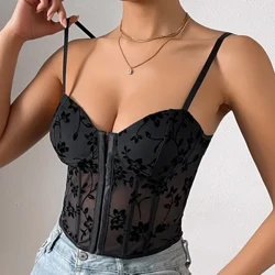 Corset asgwrn pysgod main ffit Cnwd Tanc Tops Merched Dillad Halter Gwddf V Sexy Bustier gyda Bwcle Haf Camisole Print Du wedi'i dorri'n isel