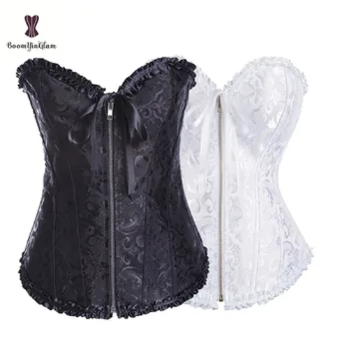 Zip frontale che dimagrisce la vita Shaper Lace Up Bustier da donna Plus Size Body Shapewear Corsetto disossato pieghettato Overbust con G String 819 #