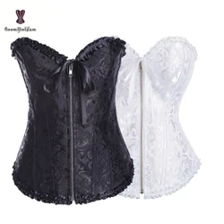 Frente zip emagrecimento cintura shaper rendas até mulheres bustier plus size corpo shapewear plissado desossado espartilho overbust com g string 819 #