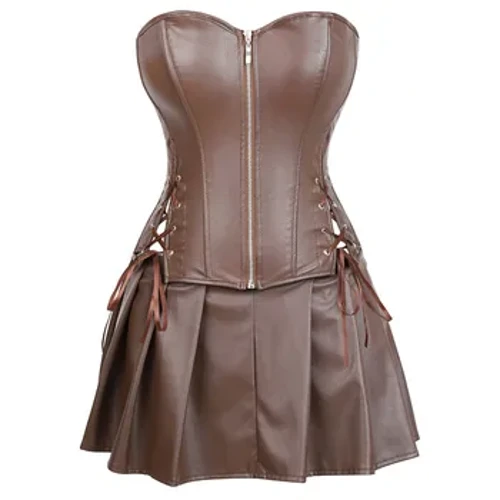 Szexi bőr ruhák fűzők szoknya Burleszk elöl Cipzár Gótikus Punk Steampunk Bustier Fűző Overbust Korsett Plus Size Barna