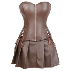 Seksi usnjene obleke Stezniki Krilo Burlesque Spredaj Zadrga Gothic Punk Steampunk Bustier Korzet Overbust Korsett Plus Size Rjava