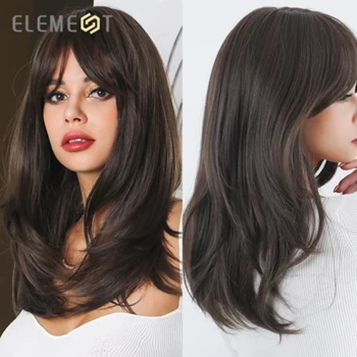 Nuove parrucche sintetiche lunghe diritte, parrucche marroni nere con frangia laterale, parrucche da donna resistenti al calore per capelli di donne afroamericane