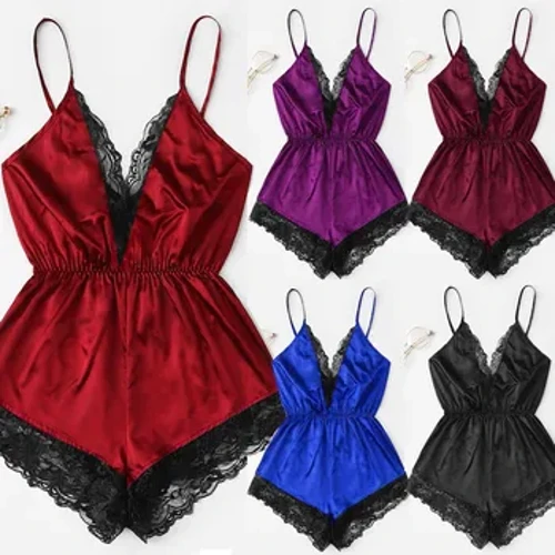 Kadın seksi iç çamaşırı pijama v yaka dantel dikiş Bodysuit pijama katı Onesies gecelikler iç çamaşırı Nightie Ropa Mujer