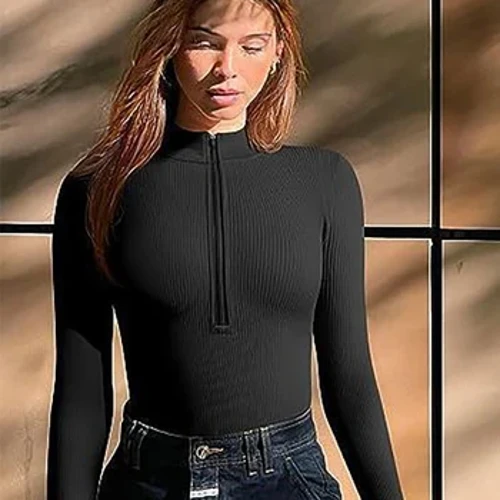 Body cu mânecă lungă, cu fermoar, îmbrăcăminte modelată pentru femei, modă simplă, ocazional, versatil, slim fit, body cu talie înaltă, culoare solidă