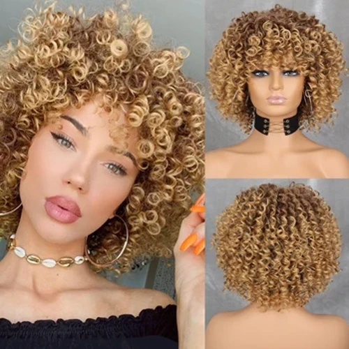 WERD Curly Afro Blonde Perücke Mat Bangs Schëllerlängt Perücken Afro Kinkys Perücken Synthetesch Curly Voll Perücke Fir Schwaarz Fraen