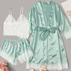 Yangi Ayollar uchun ipak to'rli pijama libosi va 3 qismli pijama to'plami Moda ayollar seksi jartiyer ichki kiyim to'plami Libos to'rli bodysuit