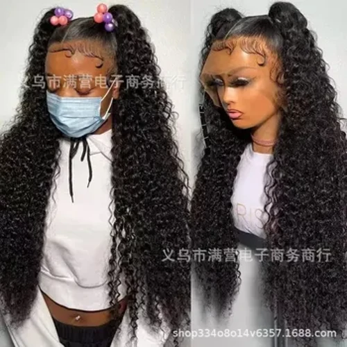 Parrucca anteriore in pizzo da donna nera Capelli ricci di media lunghezza Copertura per capelli in fibra sintetica Copertura in seta africana ad alta temperatura