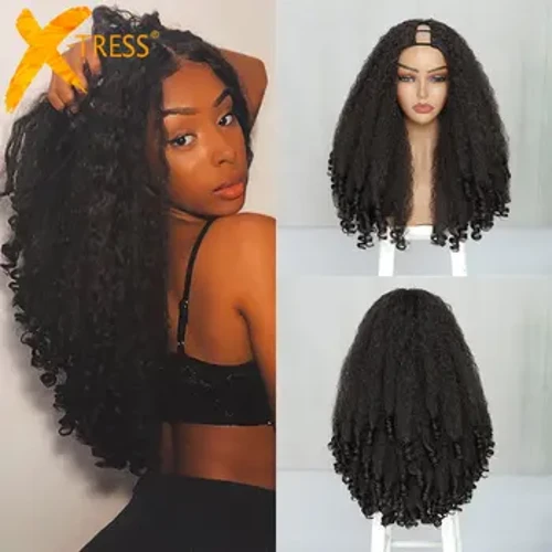 X-TRESS Perucă în formă de V afro ondulată cu bucle elastice Păr sintetic și drept, fără adeziv, pentru femei, fără a lăsa afară Perucă cu clipă în jumătate