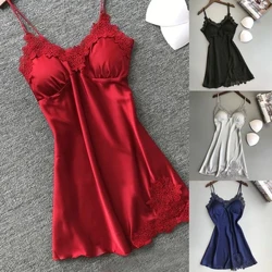 Abito da notte sexy in raso di seta da donna, camicia da notte senza maniche, camicia da notte con scollo a V, camicia da notte in pizzo, indumenti da notte per le donne