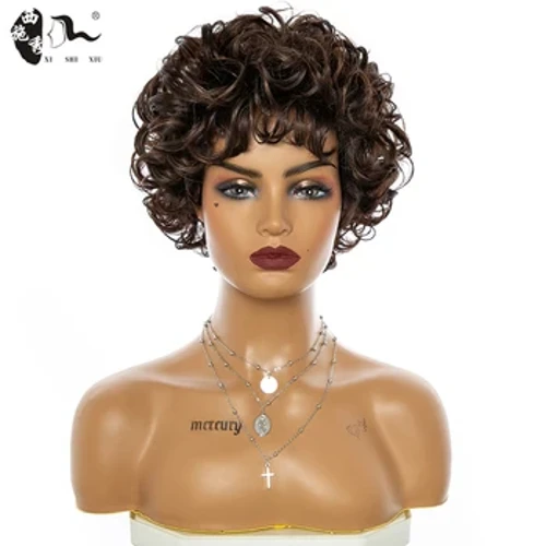 Synthetic Omber Brown Glueless Cosplay Wig XISHIXIU Maikling Buhok Curly Wig Na May Bangs Para sa Puting Babae African High Temperature