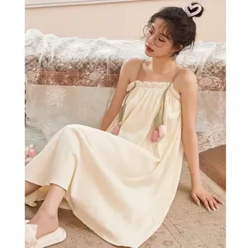 Abito estivo da donna in puro cotone con canotta a tulipano, abito da notte sexy e carino, camicia da notte senza maniche, stile comodo pigiama