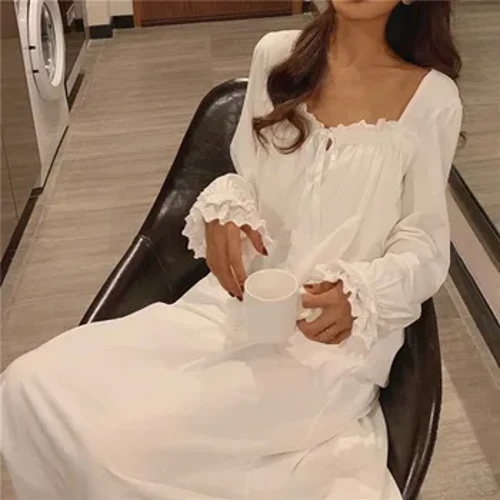 Mùa Hè 2024 Hàn Quốc Váy Ngủ Nữ Tay Dài Váy Ngủ Ren Nữ Gợi Cảm Đồ Ngủ Nhà Quần Áo Cotton Lụa Váy Ngủ