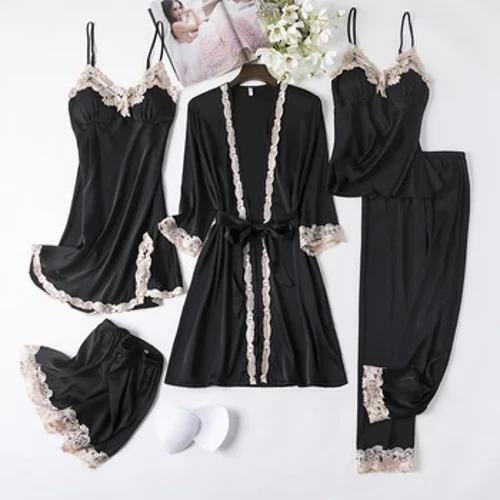 Kvinnor Svart Spets Kimono Robe Set Sexig Nattlinne Brud Morgonrock Sovkläder Rayon Pyjamas Kostym Sommar M-XXL Fritidskläder Hemma