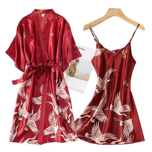 Bordo Kadınlar 2 ADET Sahte Ipek Kimono Robe Elbise Setleri Seksi Baskı Vinç Gecelik ve Bornoz Lingerie Gecelik Yaz Pijama